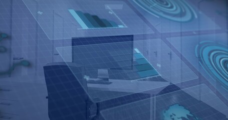 Displaying workstation at office desk with monitor, keyboard, mouse, laptop, data overlays