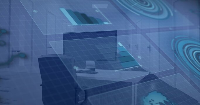 Displaying workstation at office desk with monitor, keyboard, mouse, laptop, data overlays - Powered by Adobe