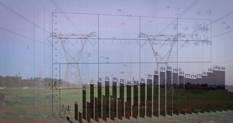 Towering two lattice towers with lines over grassy field, substation right, overlaying 3D charts