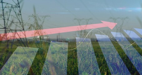 Fototapeta premium Displaying translucent financial charts overlaying grassy field with lattice pylons and pink arrow