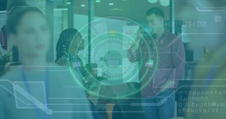 Chatting pair in pink shirt, patterned top holding coffee cups with lanyards office HUD overlay