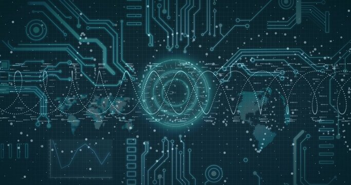 Showing central concentric rings pulsing in virtual HUD, with circuit traces and dotted world map - Powered by Adobe
