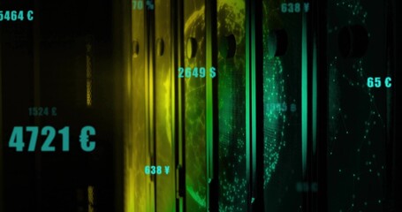 Displaying metal slats and wire globe shifting on finance dashboard, with floating currency labels