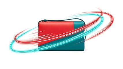 Vibrant red and teal purse with dynamic swirling motion