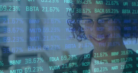 Analyzing data, analyst with glasses, blazer viewing office screen with ticker overlay, copy space