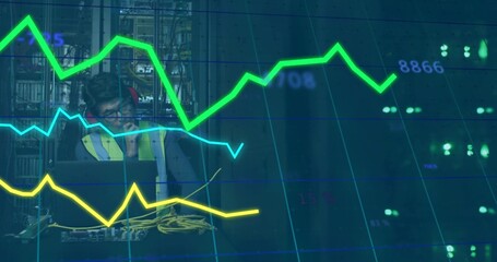 Checking tech in hi-vis vest, headset using laptop with yellow-cables and overlay in server room