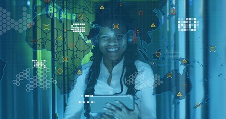 Presenting woman holding tablet at chest in studio with HUD map, wearing white blouse and headset