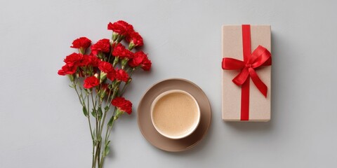 Red carnations with coffee in cup and gift box on light background