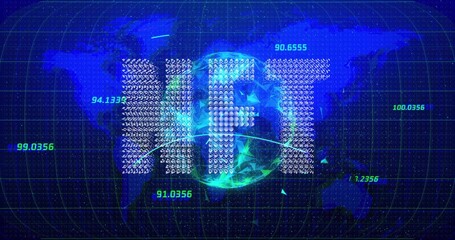 Showing HFT letters floating over virtual globe with arc, numbers, flares, particles, triangles