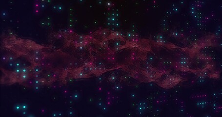 Flowing crimson mesh ribbon with nodes undulating across digital space, showing neon particles