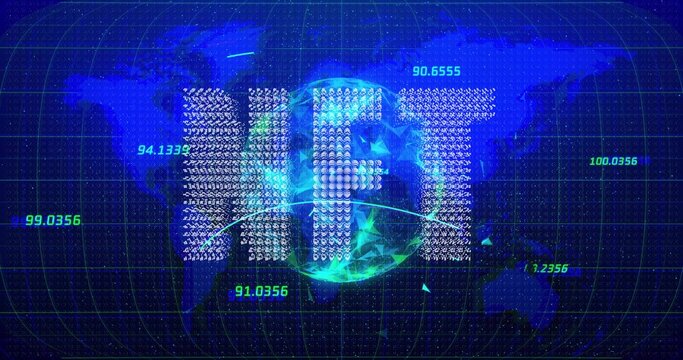 Showing HFT letters floating over virtual globe with arc, numbers, flares, particles, triangles - Powered by Adobe
