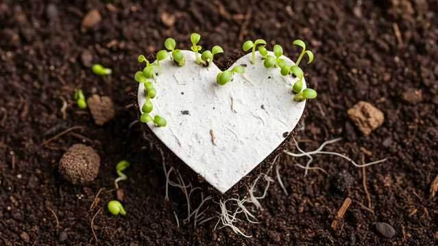 Heart-shaped seed paper with green sprouts growing in soil, eco-friendly love and growth concept