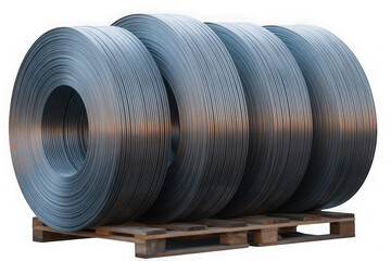 Roll of steel coil on wooden pallet isolated on transparent white background