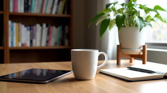Cozy Home Office Setup - A bright and clean home office setting featuring a white coffee mug, a modern tablet, and an open notebook with a pen.