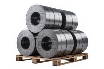 Metal coil rolls on wooden pallet industrial storage and manufacturing material logistics isolated on transparent background