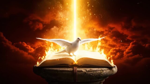 Dove on Open Book with Divine Light - A white dove perched atop an open book bathed in warm light. The book rests on a stone pedestal with a fiery red and orange backdrop, creating a symbolic and