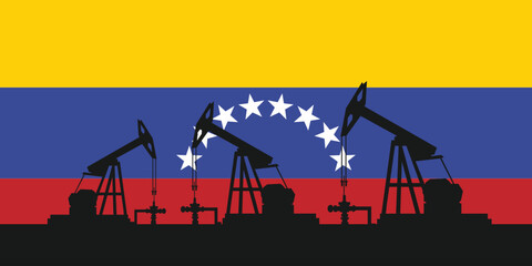 Oil rig pumpjack background. Venezuela petroleum industry. Venezuelan flag. Crude oil