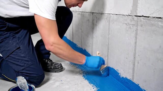 Applying Waterproofing Sealant - A worker applies bright blue waterproofing sealant to a concrete floor and wall joint.