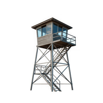 Wooden fire lookout tower architectural isolated on transparent background.