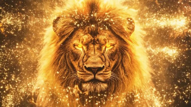 Powerful golden lion head in cosmic aura with glowing eyes and sparkling nebula. Majestic animal abstract concept