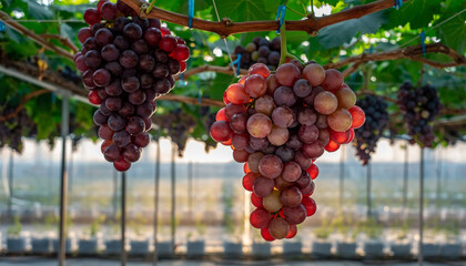 Juicy ripe red and purple grapes hanging from lush vines in a sunlit vineyard, showcasing a bountiful harvest ready for consumption or winemaking