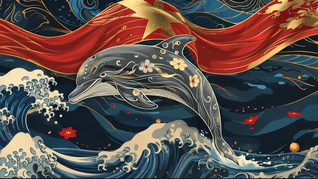 Ornate dolphin leaping through stylized ocean waves with flowing ribbon.