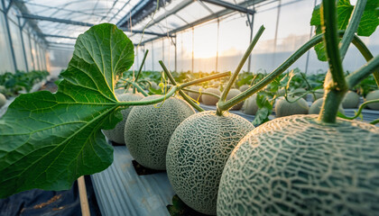 Fresh, green cantaloupe melons ripening on the vine inside a modern agricultural greenhouse, bathed in the golden light of sunset, showcasing sustainable cultivation