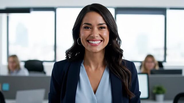 Confident Businesswoman Smiling in Office - A young businesswoman stands in an office smiling directly at the camera. She is wearing a business jacket and has a light blue shirt underneath.