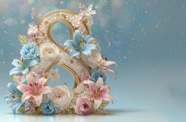 Floral number eight with blue and pink flowers on a blue background for decoration and celebration