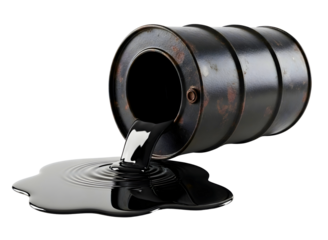 Oil barrel pouring black liquid on ground isolated on transparent background