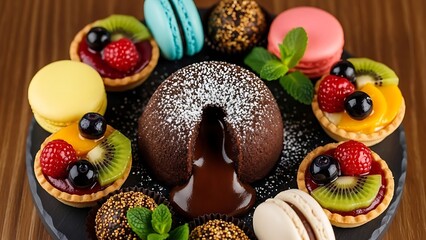A delightful selection of gourmet desserts including a rich chocolate lava cake and colorful fruit tarts