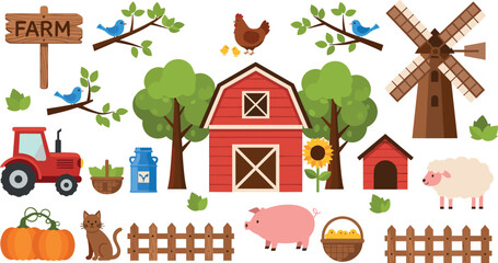 Colorful farm animals and countryside elements illustration with barn windmill tractor trees fence rural life vector design set © Shafali
