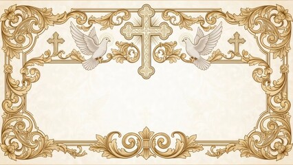 Ornate golden frame with a cross and two doves. Religious design for invitation, announcement, greeting card. Divine peace and spiritual symbol.