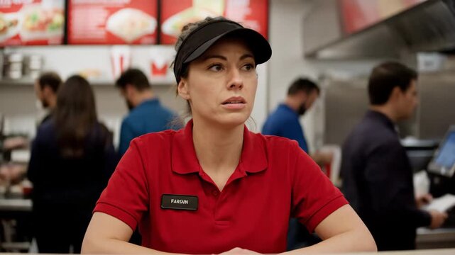 Concerned Restaurant Employee - A young woman wearing a red polo shirt and visor stands behind a counter in a fast food restaurant, looking concerned or worried.