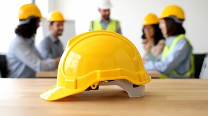 Construction Meeting Safety Helmet Focus - A yellow safety helmet sits on a wooden table in the foreground, with a construction team in the background engaged in a meeting.