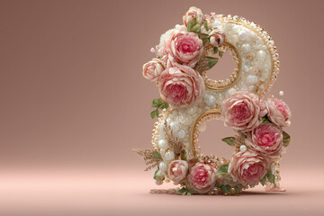 Floral number eight design with pearls and roses in a simple setting