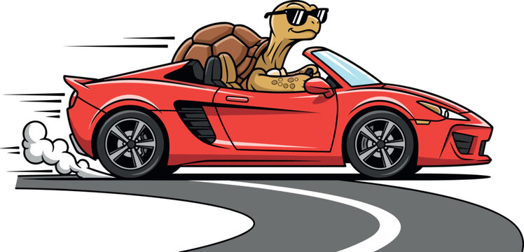 Cool turtle driving red sports car cartoon illustration funny animal character design for kids humor stickers posters branding
