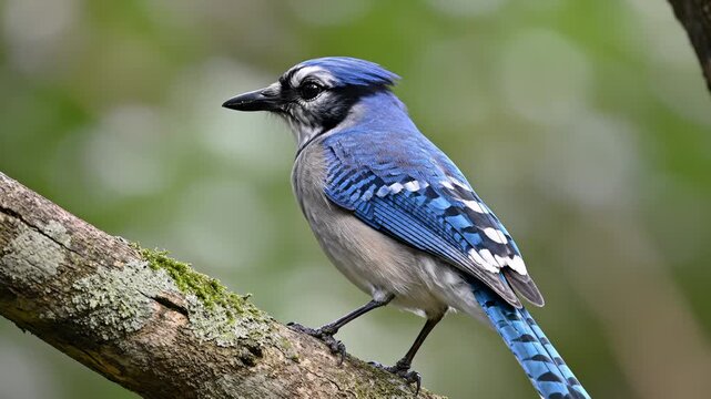 Blue Jay Perching on a Mossy Branch in a Forest Environment