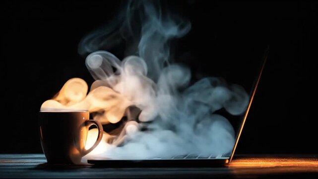 A steaming mug beside a glowing laptop on a dark table, warm light casts long soft shadows. tonight