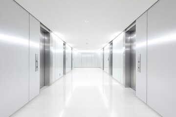 Modern office building interior with sleek elevator doors and minimalist white design, enhancing corporate aesthetics and professional ambiance.