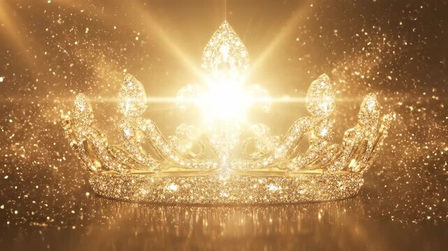 Golden jeweled crown with sparkling glitter emanating and fading away, luxury ceremonial display.