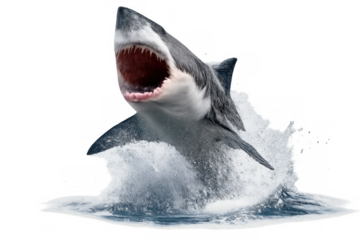 Great white shark breaching and jumping from water, showing open mouth, rows of sharp teeth, and splashing water on transparent background