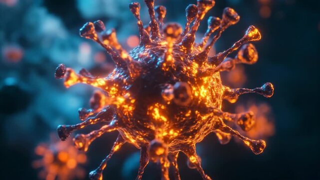 Close upward view of virus cell with glowing spiky surface. Scientific representation of infectious agent or disease, micro view concept.