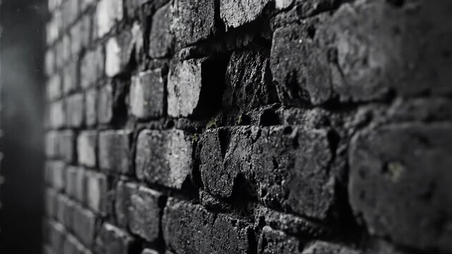 Closeup of a dark gray brick wall with rough texture and blurred background 4k video
