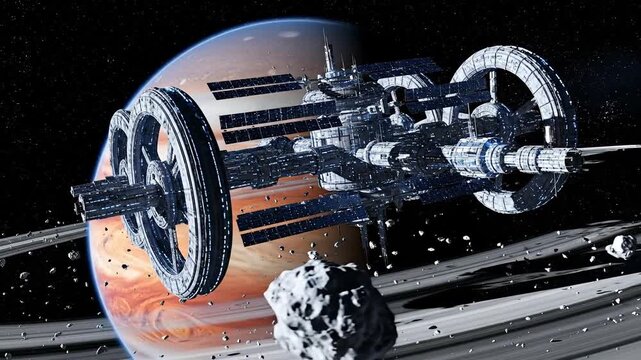 Futuristic orbital spacecraft docked near asteroid with ringed planet backdrop.