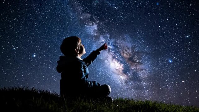 Boy Gazing at the Milky Way - A young boy sits cross-legged on a grassy hill, looking up and pointing towards the brilliant Milky Way galaxy.