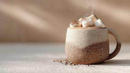 Delicious hot chocolate with sweet marshmallow in rustic ceramic cup on warm background evoking comfort and cozy winter mood