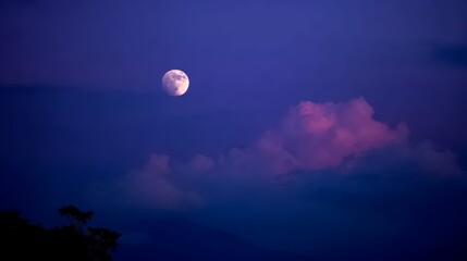 Large moon is in the sky above a cloudy night. The sky is a deep blue color, and the clouds are pink