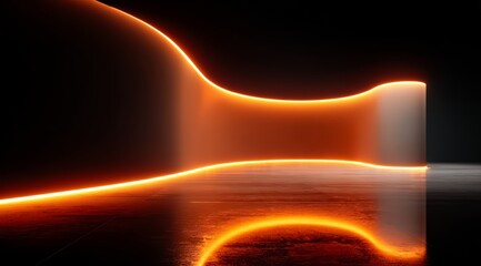 Naklejka premium Long orange line is reflected in a dark room. The room is empty and the orange line is the only thing visible