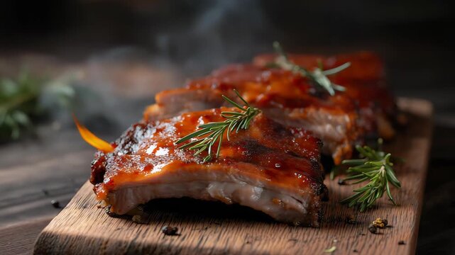 Hot smoked barbecue pork ribs with glossy sauce and steam served on wooden table close up juicy meat texture grilled barbecue ribs in cozy restaurant